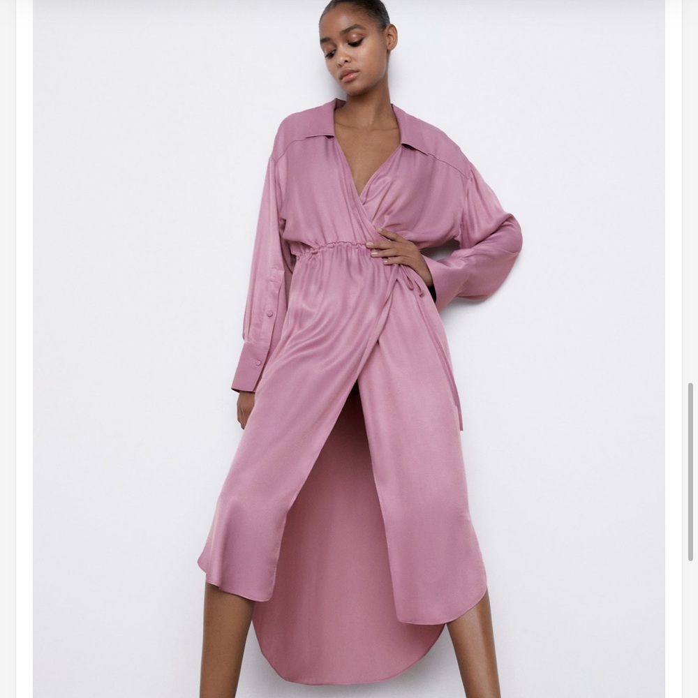 NWT Zara satin wrap dress |zara midi dress|zara pink long sleeve dress XL